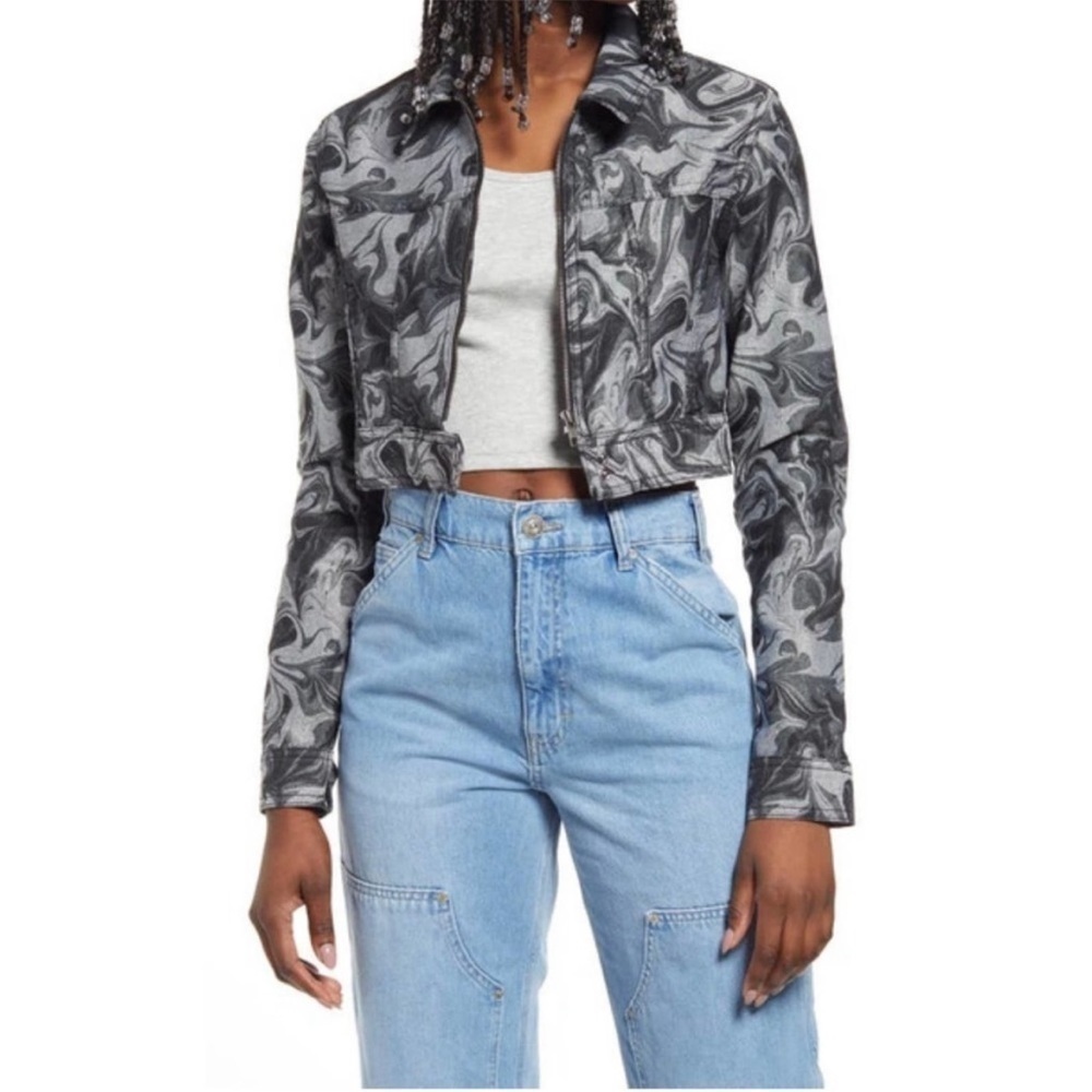 BDG Print Marble Crop Jacket In Black‎ and White Size S
